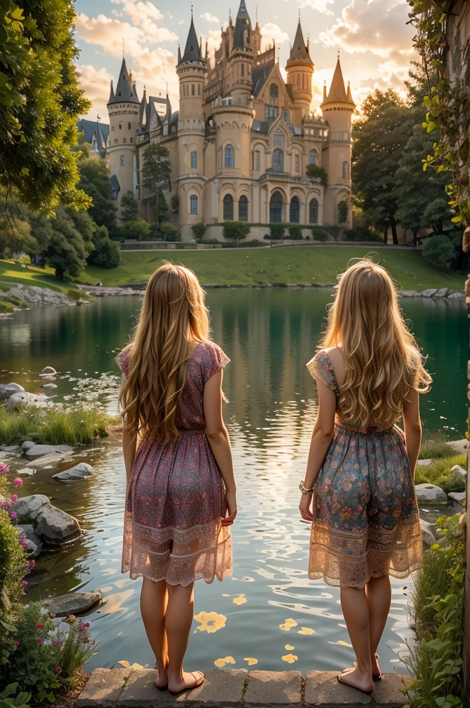 Meisterwerk, (Kristina Pimenova), a ausführlich half body shot of two Schön  young girls standing in a lush green garden in front of a majestic Schloss, besten Freunde, high ausführlich face, Sehr schmales Gesicht, Schön face, high ausführlich eyes, dünner Körper, leicht braunes Haar, Blondes Haar, rote Haare, the Schloss's Betrachtung perfectly mirrored in the calm waters of a See, die Mädchen blicken auf die ruhige Szene, ihre Ausdrücke voller Staunen, extremely ausführlich faces, Schön eyes, zarte Merkmale, langes wallendes Haar, aufwendig dresses, intricate Schloss architecture, glowing Sonnenuntergang lighting, beschwingt colors, photorealistisch, (beste Qualität,8k,highres,Meisterwerk:1.2),ultra-ausführlich,(realistisch,photorealistisch,photo-realistisch:1.37), 2 Mädchen, Schloss, See, Betrachtung, garden, Sonnenuntergang, aufwendig, Schön, ausführlich, serene, wonder, beschwingt, 8K, ultrahohe Auflösung.photorealistisch, UHD, roh, DSLR, Natürliches Licht