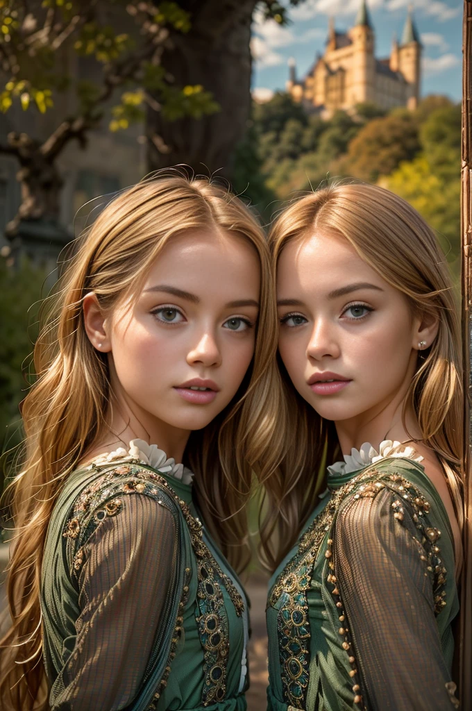 Meisterwerk, (Kristina Pimenova), a ausführlich half body shot of two Schön  young girls standing in a lush green garden in front of a majestic Schloss, besten Freunde, high ausführlich face, Sehr schmales Gesicht, Schön face, high ausführlich eyes, dünner Körper, leicht braunes Haar, Blondes Haar, rote Haare, the Schloss's Betrachtung perfectly mirrored in the calm waters of a See, die Mädchen blicken auf die ruhige Szene, ihre Ausdrücke voller Staunen, extremely ausführlich faces, Schön eyes, zarte Merkmale, langes wallendes Haar, aufwendig dresses, intricate Schloss architecture, glowing Sonnenuntergang lighting, beschwingt colors, photorealistisch, (beste Qualität,8k,highres,Meisterwerk:1.2),ultra-ausführlich,(realistisch,photorealistisch,photo-realistisch:1.37), 2 Mädchen, Schloss, See, Betrachtung, garden, Sonnenuntergang, aufwendig, Schön, ausführlich, serene, wonder, beschwingt, 8K, ultrahohe Auflösung.photorealistisch, UHD, roh, DSLR, Natürliches Licht