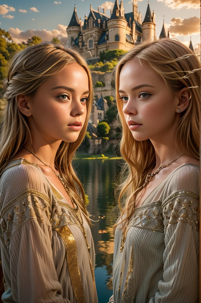 Meisterwerk, (Kristina Pimenova), a ausführlich half body shot of two Schön  young girls standing in a lush green garden in front of a majestic Schloss, besten Freunde, high ausführlich face, Sehr schmales Gesicht, Schön face, high ausführlich eyes, dünner Körper, leicht braunes Haar, Blondes Haar, rote Haare, the Schloss's Betrachtung perfectly mirrored in the calm waters of a See, die Mädchen blicken auf die ruhige Szene, ihre Ausdrücke voller Staunen, extremely ausführlich faces, Schön eyes, zarte Merkmale, langes wallendes Haar, aufwendig dresses, intricate Schloss architecture, glowing Sonnenuntergang lighting, beschwingt colors, photorealistisch, (beste Qualität,8k,highres,Meisterwerk:1.2),ultra-ausführlich,(realistisch,photorealistisch,photo-realistisch:1.37), 2 Mädchen, Schloss, See, Betrachtung, garden, Sonnenuntergang, aufwendig, Schön, ausführlich, serene, wonder, beschwingt, 8K, ultrahohe Auflösung.photorealistisch, UHD, roh, DSLR, Natürliches Licht