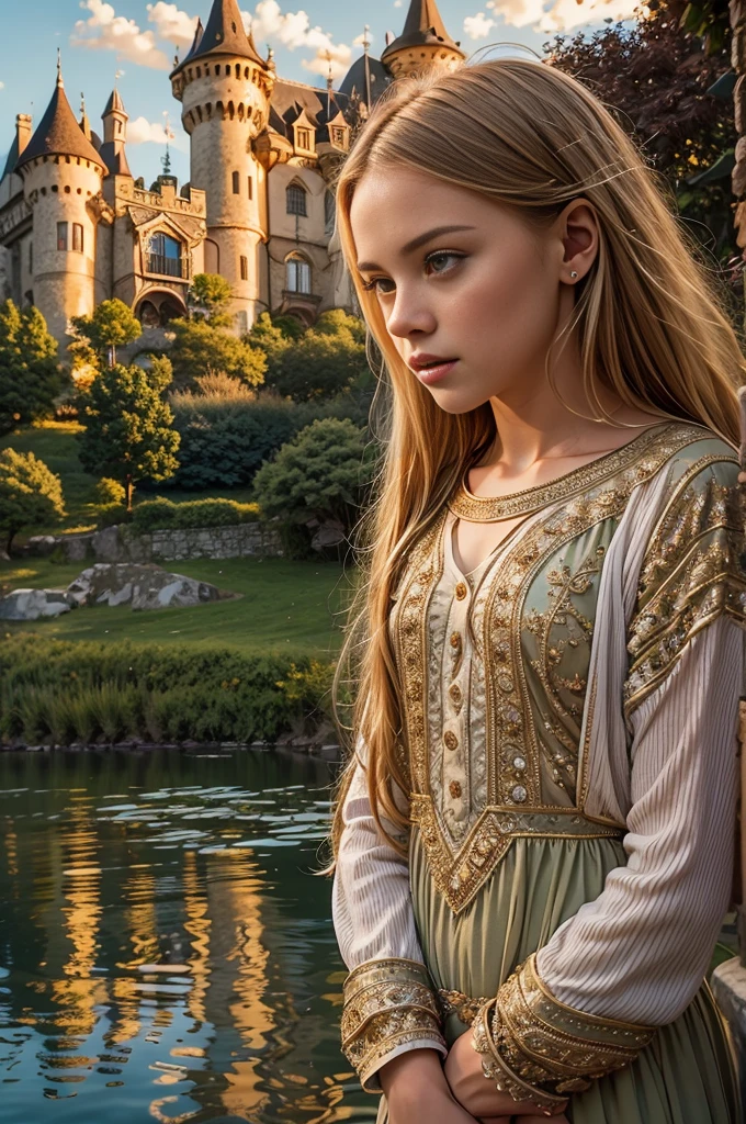 Meisterwerk, (Kristina Pimenova), a ausführlich half body shot of two Schön  young girls standing in a lush green garden in front of a majestic Schloss, besten Freunde, high ausführlich face, Sehr schmales Gesicht, Schön face, high ausführlich eyes, dünner Körper, leicht braunes Haar, Blondes Haar, rote Haare, the Schloss's Betrachtung perfectly mirrored in the calm waters of a See, die Mädchen blicken auf die ruhige Szene, ihre Ausdrücke voller Staunen, extremely ausführlich faces, Schön eyes, zarte Merkmale, langes wallendes Haar, aufwendig dresses, intricate Schloss architecture, glowing Sonnenuntergang lighting, beschwingt colors, photorealistisch, (beste Qualität,8k,highres,Meisterwerk:1.2),ultra-ausführlich,(realistisch,photorealistisch,photo-realistisch:1.37), 2 Mädchen, Schloss, See, Betrachtung, garden, Sonnenuntergang, aufwendig, Schön, ausführlich, serene, wonder, beschwingt, 8K, ultrahohe Auflösung.photorealistisch, UHD, roh, DSLR, Natürliches Licht