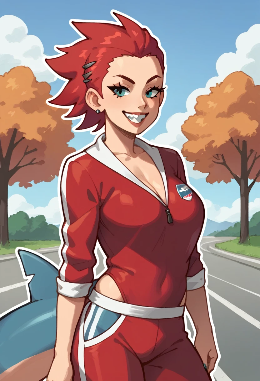 score_9, score_8_up, score_7_up, score_6_up, source_anime, BREAK 1girl, pale, red hair, slicked back hair with spiky hair tilting out, and straight back hair, shark smile, jock outfit, autumn, street