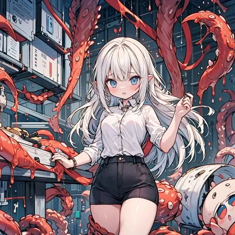 girl captured by tentacles in abandoned factory　tentacles in a skirt　pants fabric texture