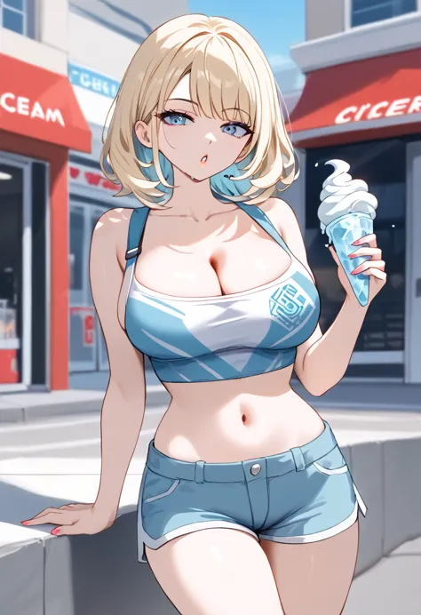 1girl, ultra high res, large chest, cleavage, shorts, exposed tummy, shorts, ice scream