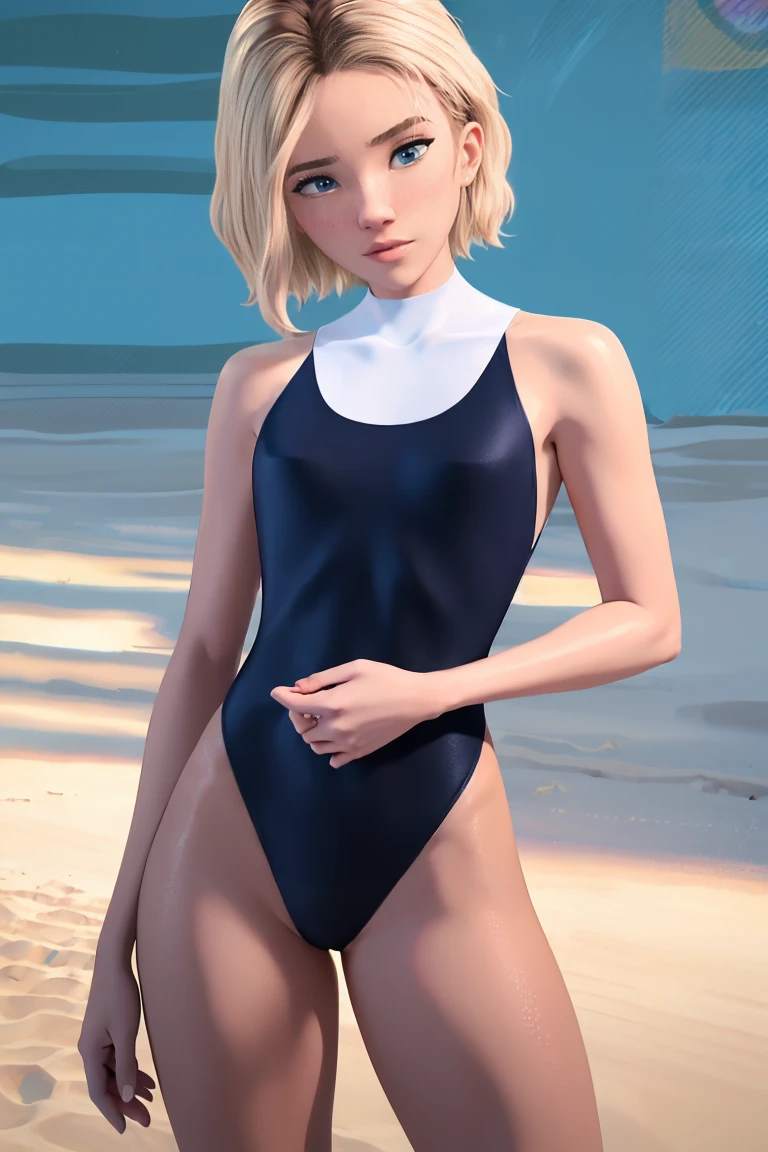 (Best Quality, Masterpiece),sexy, erotic, 1girl, 18 years old, Contempt, pride, normal short hair, ((blue eyes)), looking at viewer, looking at viewer, warm light,(((open swimsuit))), sexy pose, cameltoe, ocean background, beach background, (small breasts), wide hips, thick tights, small butt