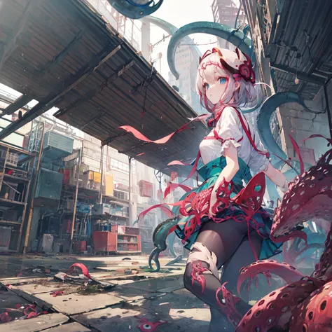 girl captured by tentacles in abandoned factory　tentacles in a skirt　pants fabric texture