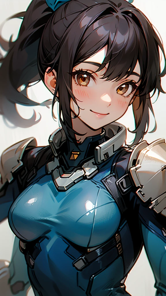 One girl、alone、Brown eyes、Black Hair、ponytail、armor、Blue bodysuit、Upper body close-up、smile