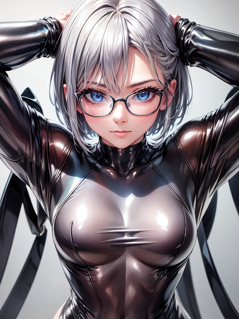 Highest quality 8K UHD、Mastepiece、Close-up、short hair、Blue Eyes、Open legs、Silver Hair、Glasses、Beautiful woman wearing seamless full-body silver metallic suit、Seamless full body silver metallic rubber suit