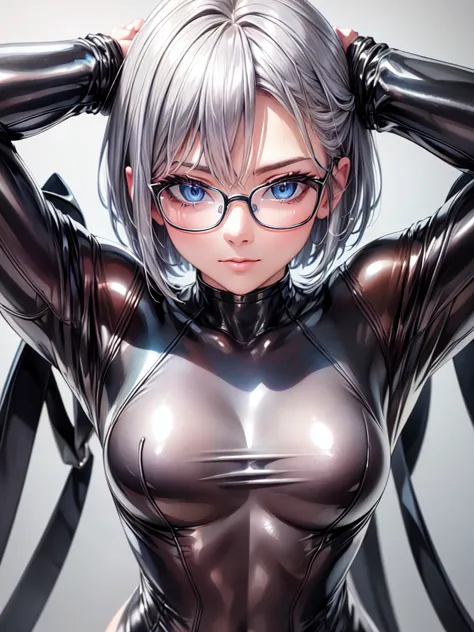 Highest quality 8K UHD、Mastepiece、Close-up、short hair、Blue Eyes、Open legs、Silver Hair、Glasses、Beautiful woman wearing seamless f...
