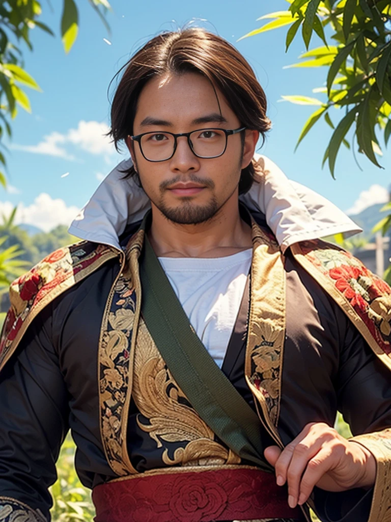 crew cut, (((full body))), (((landscape))), mature man, [slightly fat], asian man, rounded face, brown eyes, ((rounded face)), glasses, balding, 1boy, Solo, (big shoulders), (((stubbles, Short beard))), Araf man in white robe holding marijuana leaf, bian lian, Marijuana personification, inspired by Hu Zaobin, guanyu, hua cheng, Inspired by Cao Zhibai, inspired by Wu Daozi, Qigong, Detailed Bushido Foam Smoke, Inspired by Shen Quang, from three kingdoms, feng shu, Inspired by Ma Quan