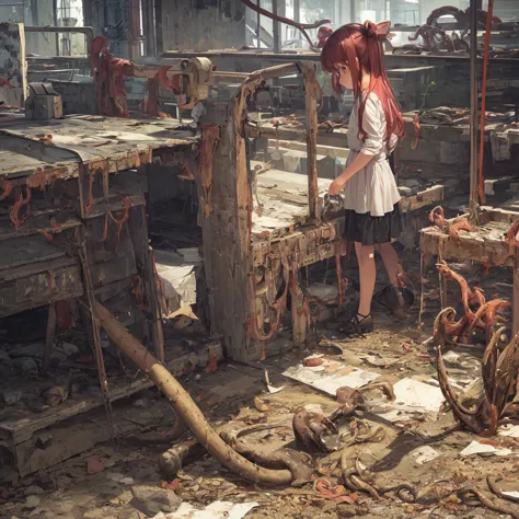 girl captured by tentacles in abandoned factory　tentacles in a skirt　pants fabric texture