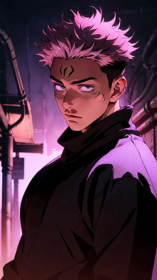 highest quality, 8K, high resolution image, anime style Jujutsu Kaisen, (Ryomen Sukuna), detailed strokes, bored look , blurred, purple light reflecting from it, (close angle), 1 man, young, male, model, hand in pocket, cool guy, multicolored Background with various geometric shapes, around stickers, muscular, dark pink hair, spiky hair , short Hair, swollen chest, green Eyes, withe shirt, black sweater, sweatpants,
Background: big City, Streets, Park, People, blue sky, Cars, Bike