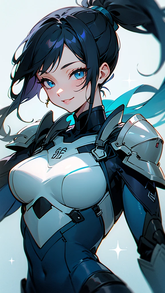 One girl、alone、Anime-style paintings、Sparkling Blue Eyes、Black Hair、ponytail、armor、Blue bodysuit、Upper body close-up、Wicked Smile