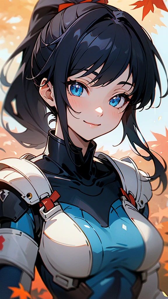 One girl、alone、Anime-style paintings、Sparkling Blue Eyes、Black Hair、ponytail、armor、Blue bodysuit、Upper body close-up、Wicked Smile、Perfect lighting、Autumnal leaves々、Momiji Park、Background Blur, Written boundary depth