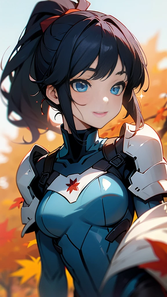 One girl、alone、Anime-style paintings、Sparkling Blue Eyes、Black Hair、ponytail、armor、Blue bodysuit、Upper body close-up、Wicked Smil...