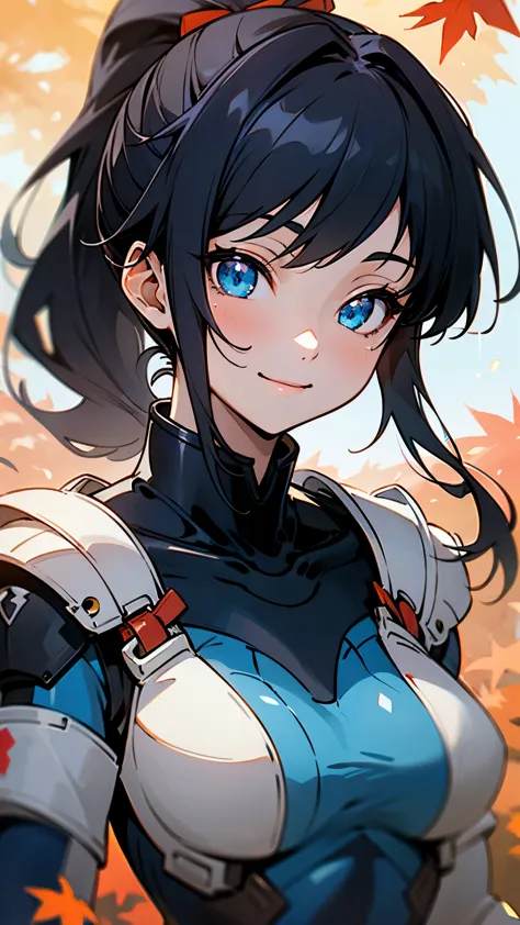 One girl、alone、Anime-style paintings、Sparkling Blue Eyes、Black Hair、ponytail、armor、Blue bodysuit、Upper body close-up、Wicked Smil...