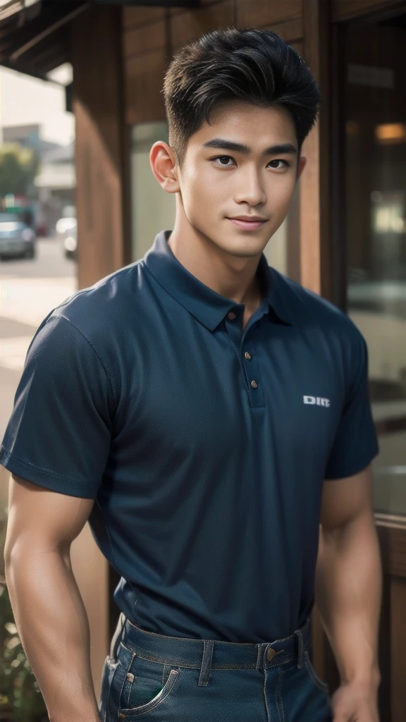 Natural light, realistic, Thai man, ทรงผมสั้น buzz cut, Handsome, muscular, big muscles, Broad shoulders, model,  Wear a tight polo shirt. dark blue jeans standing smiling , outdoor outside