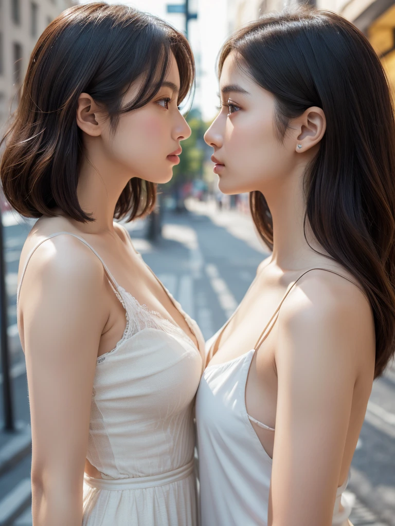 Tabletop、masterpiece,(Stock Emphasis:1.3)、Glamour、Natural light、 Attention to detail, Depth of written boundary, 135mm, Textured skin, Super detailed, high quality, Awards, 最high quality, High resolution, 8k, White skin,30 years old、(Two women facing each other:1.5),Correct skeleton,(Thick thighs),(Toned arms),(Big Ass),(Side Shot;1.3),(Side view:1.5),(On the street)