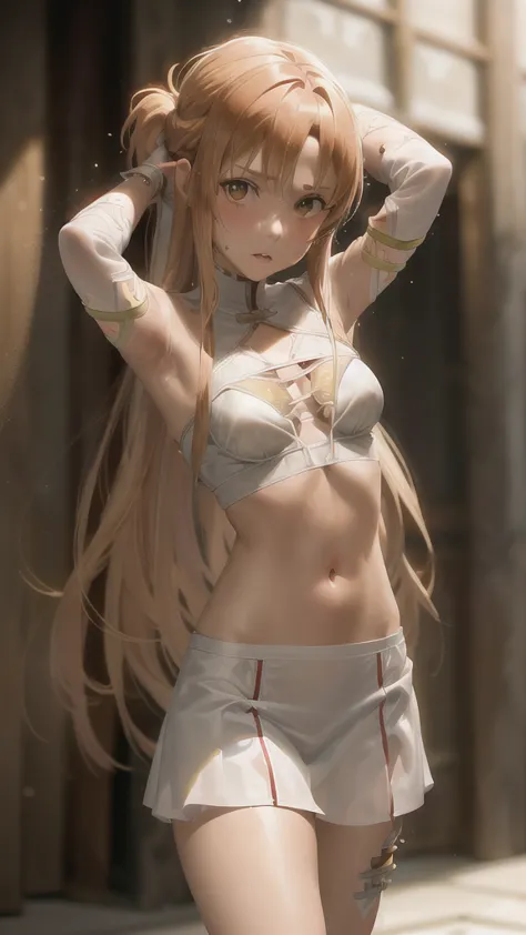 1girl, solo, tied up, asuna yuuki from sao, asuna yuuki, looking at viewer with disgust and annoyance, ultra-detailed, masterpie...