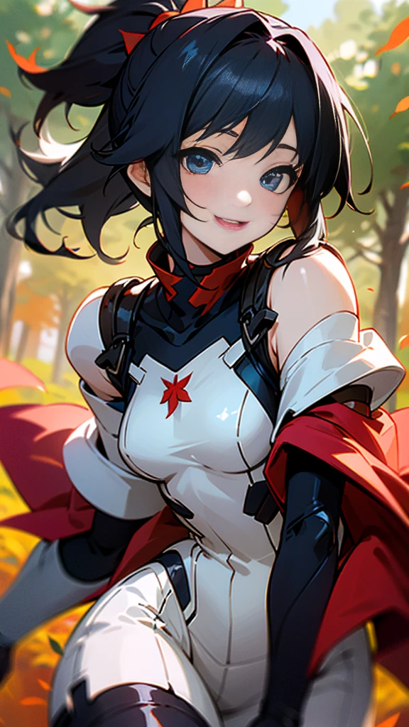 One girl、alone、Anime-style paintings、Sparkling Blue Eyes、Black Hair、ponytail、armor、Blue bodysuit、boots、Fits perfectly to the skin、skirt、thigh boots、Knee socks、Upper body close-up、smile、Laughing with your mouth open、Perfect lighting、Autumnal leaves々、Momiji Park、Background Blur, Written boundary depth