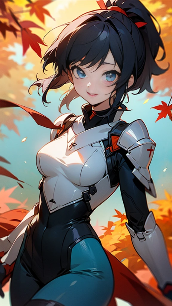 One girl、alone、Anime-style paintings、Sparkling Blue Eyes、Black Hair、ponytail、armor、Blue bodysuit、boots、Fits perfectly to the skin、skirt、thigh boots、Knee socks、Upper body close-up、smile、Laughing with your mouth open、Perfect lighting、Autumnal leaves々、Momiji Park、Background Blur, Written boundary depth