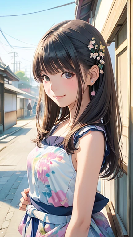 young woman、smile、cool hairstyles、blush、masterpiece、High resolution、16K、Spring outfits in fresh colors、(Very close:1.5)、Explore the city of Kyoto、(Painting of the upper body:1.5)