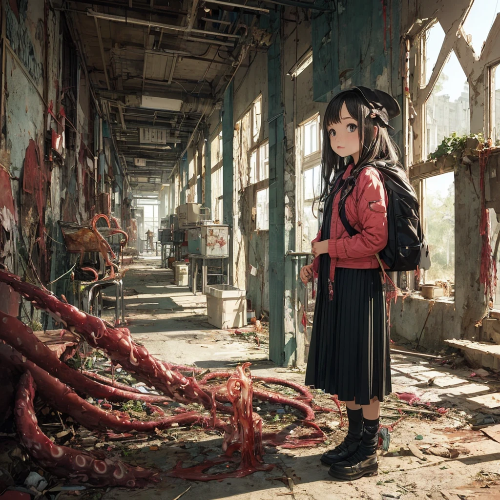 Girl captured by tentacles in abandoned factory　Tentacles in a skirt　Pants fabric texture　