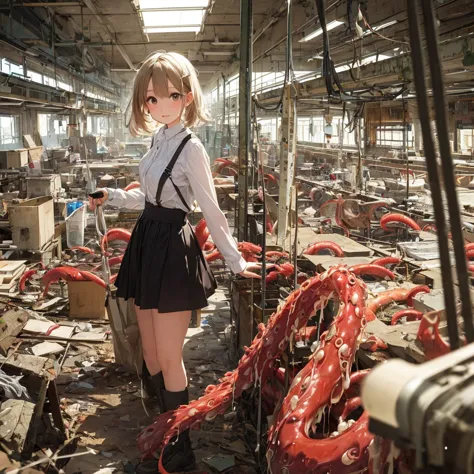 girl captured by tentacles in abandoned factory　tentacles in a skirt　pants fabric texture