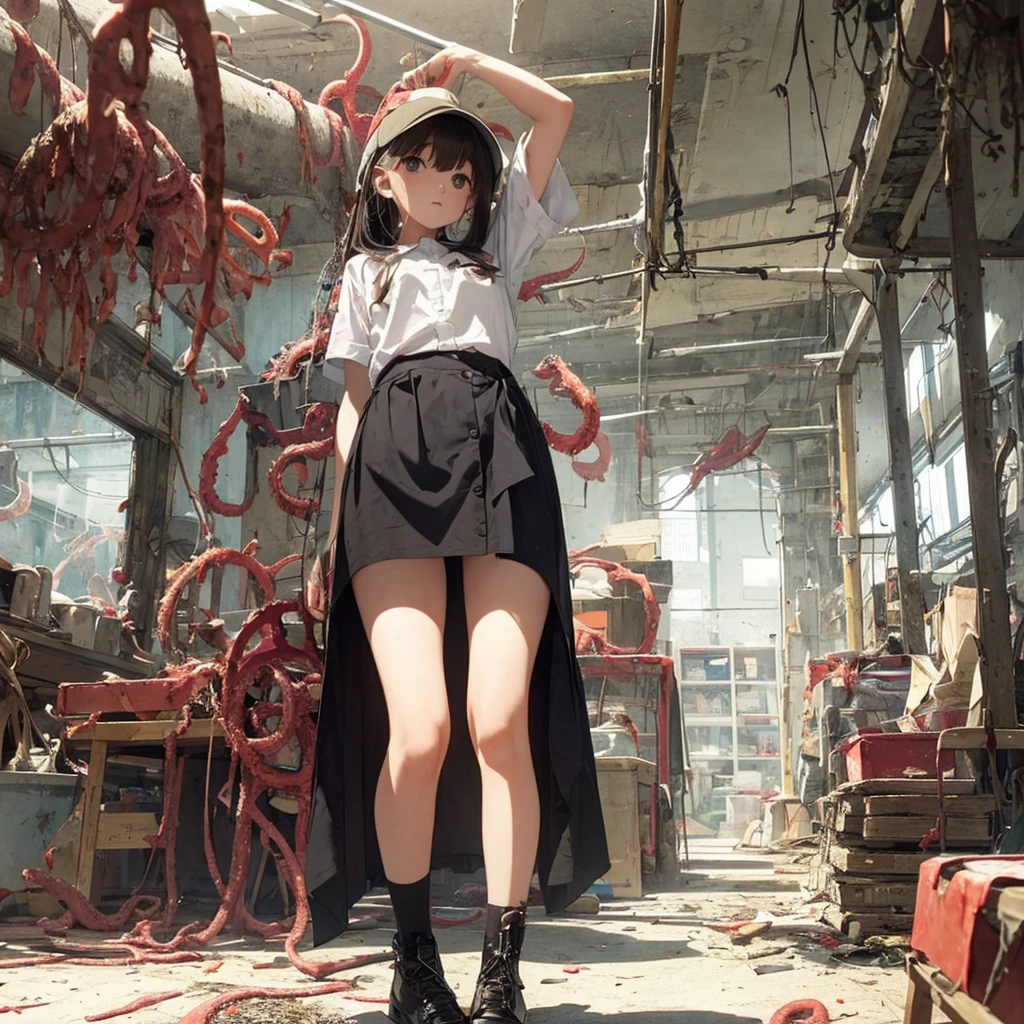 Girl captured by tentacles in abandoned factory　Tentacles in a skirt　Pants fabric texture　