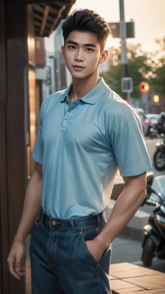 Natural light, realistic, Thai man, ทรงผมสั้น buzz cut, Handsome, muscular, big muscles, Broad shoulders, model,  Wear a tight polo shirt. dark blue jeans standing smiling , outdoor outside