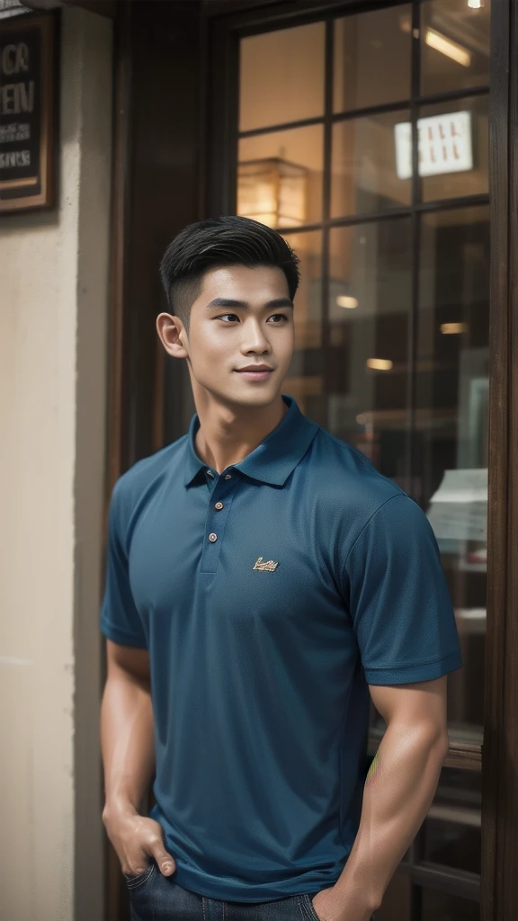 Natural light, realistic, Thai man, ทรงผมสั้น buzz cut, Handsome, muscular, big muscles, Broad shoulders, model,  Wear a tight polo shirt. dark blue jeans standing smiling , outdoor outside