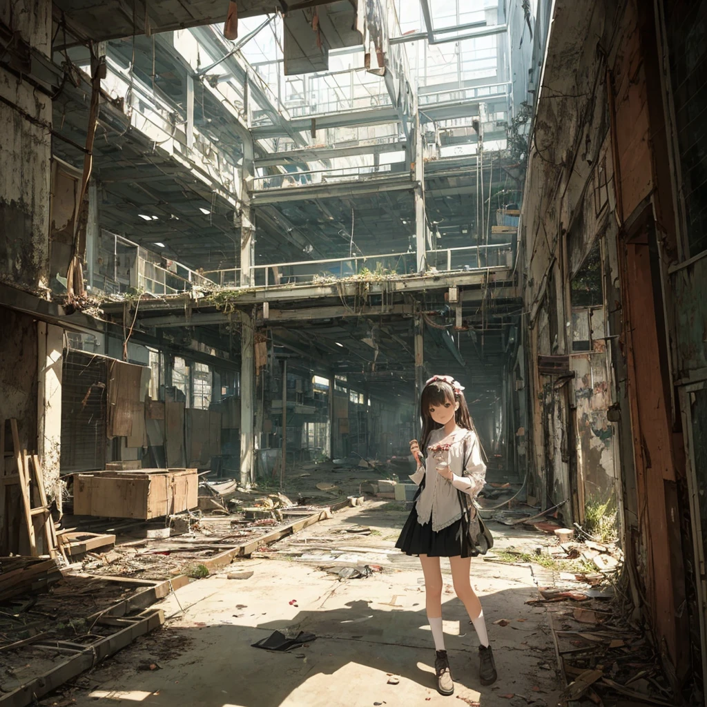 Girl captured by tentacles in abandoned factory　Tentacles in a skirt　Pants fabric texture　