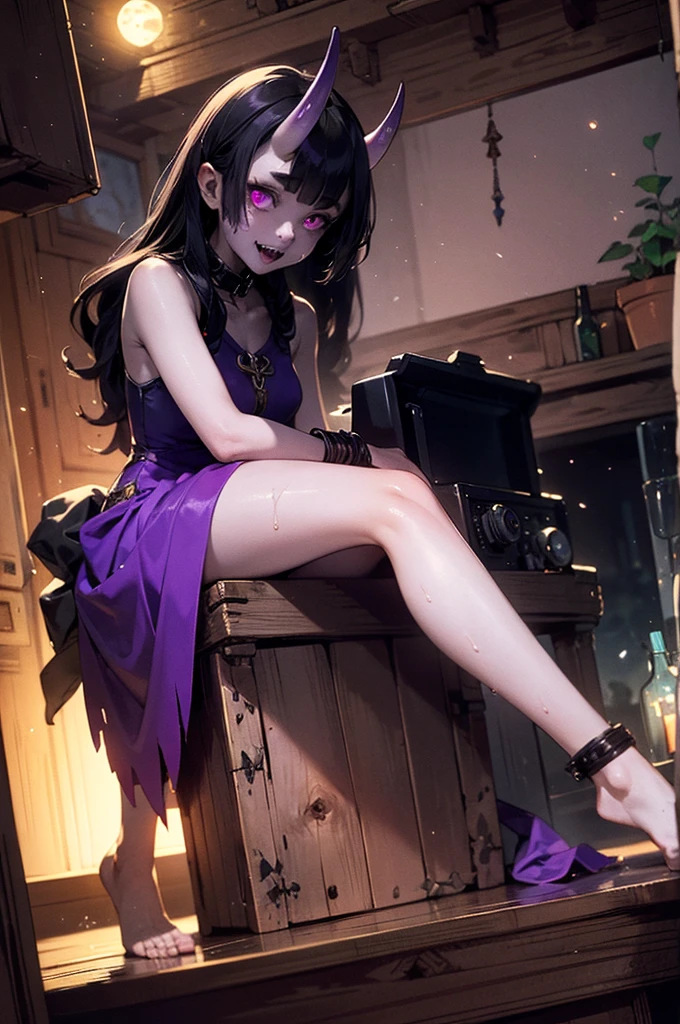 1girl, (grey skin, purple skin:1.4), dark skin, (oni, oni horns), sitting, relaxed, demon girl, (long black hair, cute hairstyle, messy hair), lots of hair, (large eyes, glowing eyes, purple eyes), (slit pupils), lithe, thin, sinuous, (toned body, strong, fit), sweaty, sweat, wild, lewd, sadistic expression, evil grin, cruel, small hands, small feet, iron collar, iron shackles, aroused, feral, full body, dynamic, (inhuman, femdom), bangles, exotic, fantasy species, sorceress dress, sexy one-piece, silk, (fangs), (medieval fantasy, cozy home, comfortable room, indoors, late night, night:1.4, warm atmosphere, luxurious hearth, deep shadows, rich wood, adventurer's home), (best quality:1.2, sharp clarity, great skin detail, photorealistic, detailed features, magical realism), analog style, raw photograph, feet, toes, barefoot, from below, FanInt, 0n1, herzhax, short eyebrows, pickle eyebrows, cut3h0rnstyl3, fantasy, tree, Medieval fantasy world, Moonlight at night, Night scene