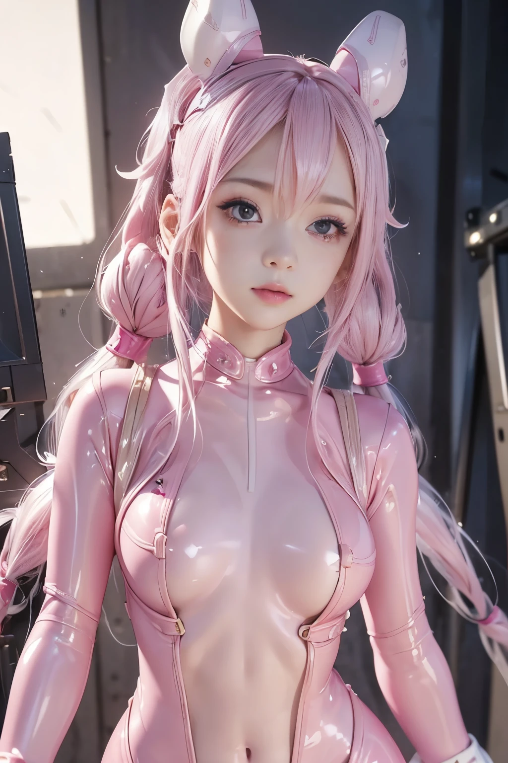 ((Upper body photo))、Cute face、Pink Hair、Long Hair、Twin tails、White skin、((Shooting from the front:1.5 ))、((Tight latex suit:1.5)), ((Big Breasts)), Pointed nipples, masterpiece