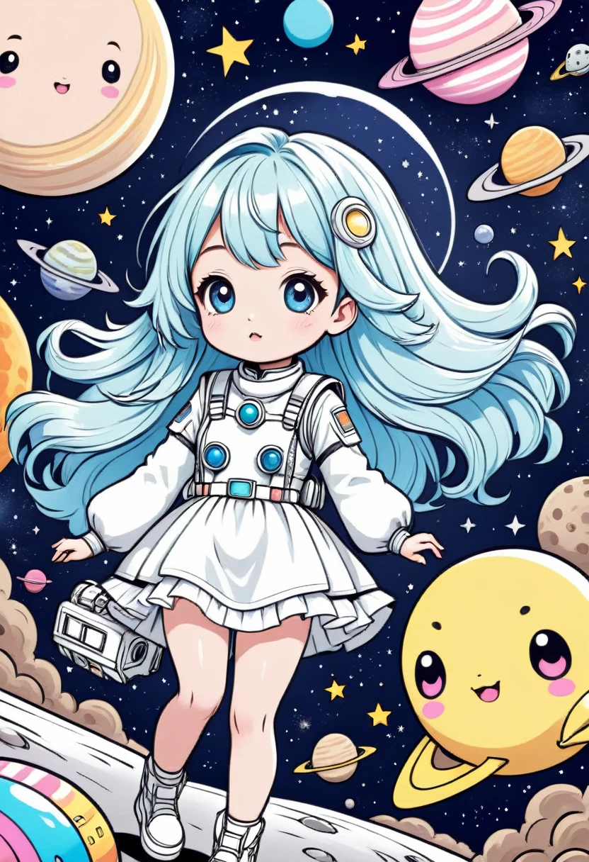 Coloring book illustration, kawaii, hand drawn, space