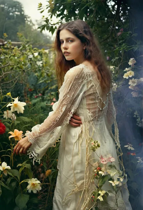 ethereal beauty in a garden, digital art photograph, woman's face and body obscured by flowers, lace-trimmed garment, soft light...