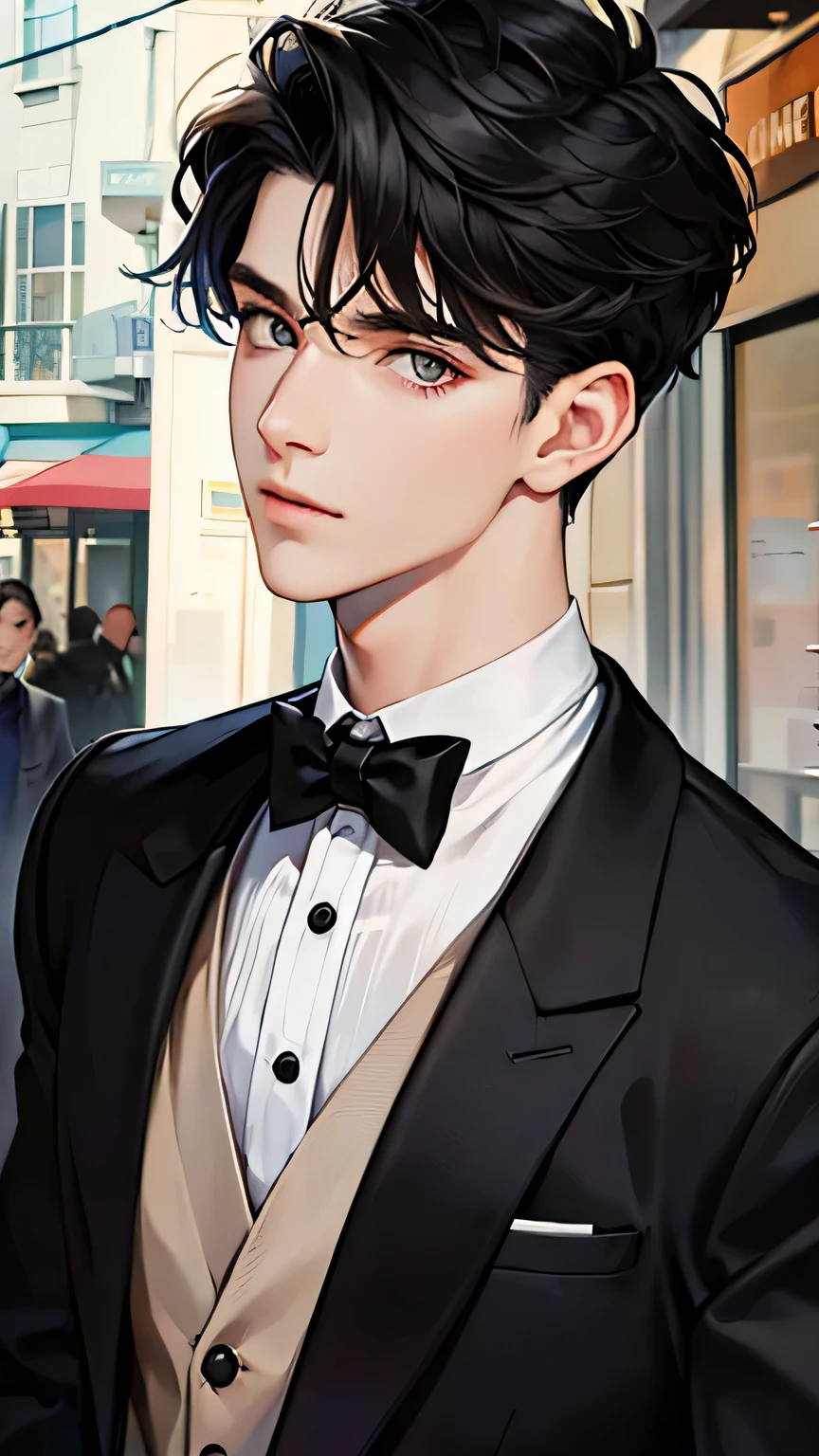 One Man,Black Hair,Face like half,Gray Eyes,Beautiful Face,Three white eyes,Wide double,22 years old,Formal wear,Cafe