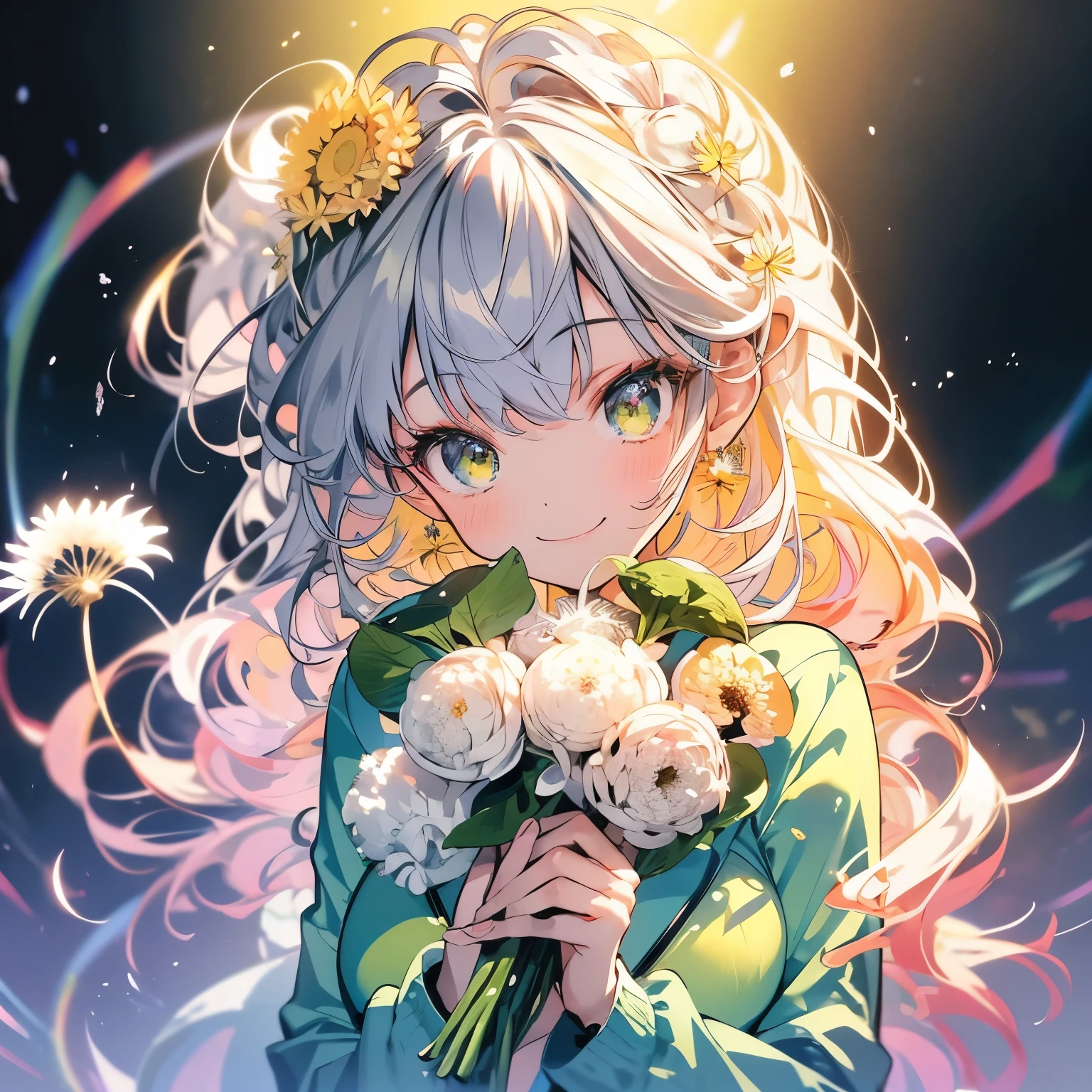 masterpiece、smile、Anime Girls, Gray Hair、 Green Eyes、可愛いAnime Girls、smile、((Yellow dandelion))、Fractal Art、Gwaiz、garden、Flower garden