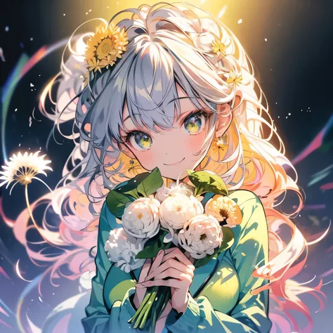 masterpiece、smile、anime girls, gray hair、 green eyes、可愛いanime girls、smile、((yellow dandelion))、fractal art、gwaiz、garden、flower g...