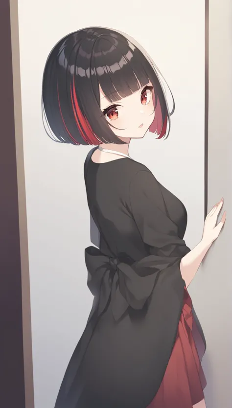 black bob cut hair with black bangs and one red hair stripe