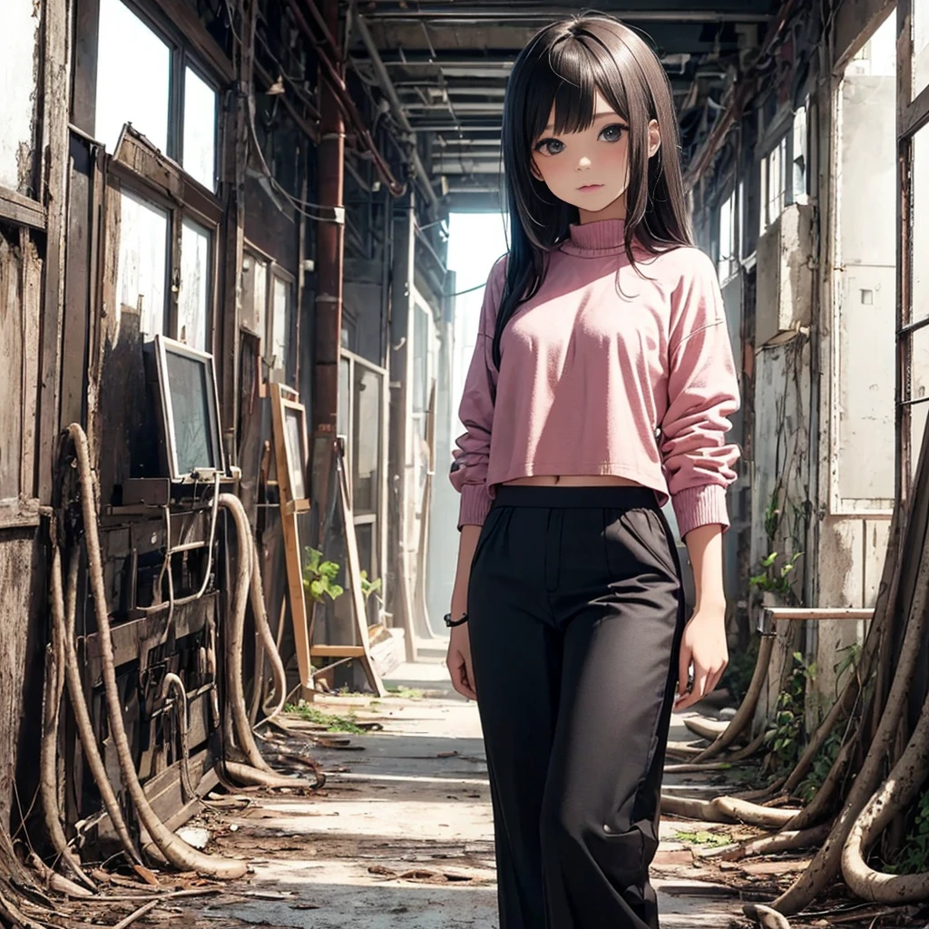 Girl captured by tentacles in abandoned factory　Tentacles in a skirt　Pants fabric texture　