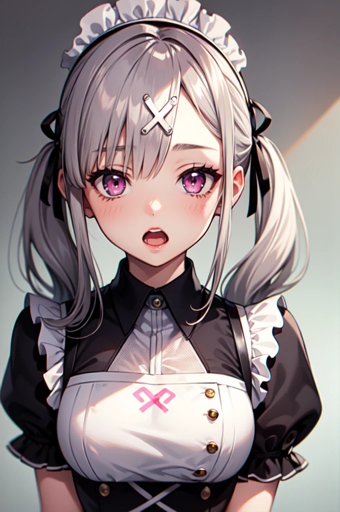 1girl ,anime style, masterpiece ,superfine resolution, intricate ,  straight-on , complex quality sukoya kana , gray hair, pink eyes, twintails,long hair, x hair ornament ,maid outfit , open mouth , :o , dizzy , tired