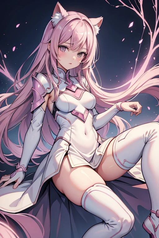 2d, Masterpiece, best quality, Highly detailed face, highly detailed background, perfect light, Japanese, very long hair, pink hair, tight outfits, tight armor. White dress with pink pattern, cyber suit, lightning all around, white stockings, pink shoes, cat ears, , flat chest, legs raised, legs spread.