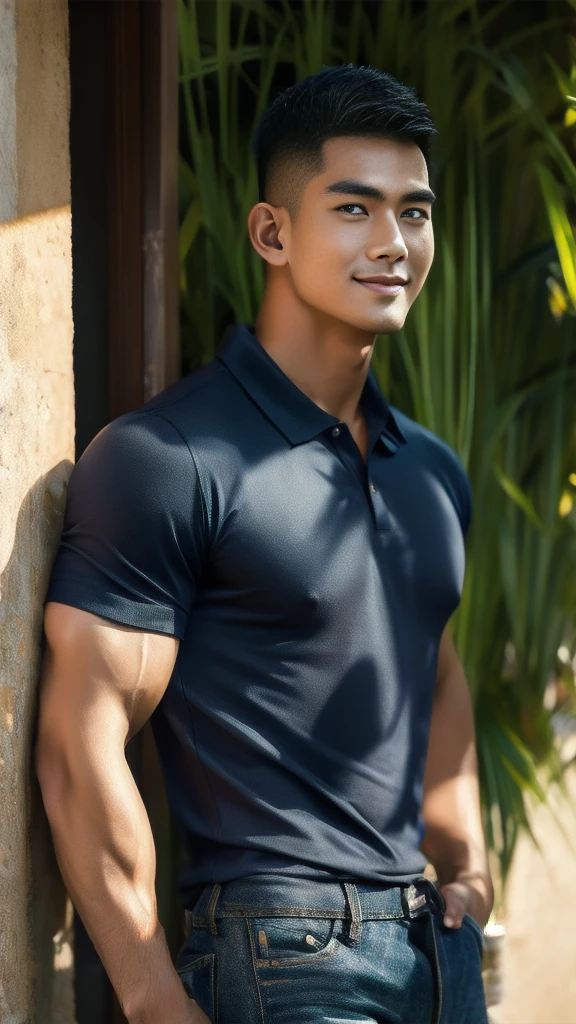 Natural light, realistic, Thai man, ทรงผมสั้น buzz cut, Handsome, muscular, big muscles, Broad shoulders, model,  Wear a tight polo shirt. dark blue jeans standing smiling , outdoor outside