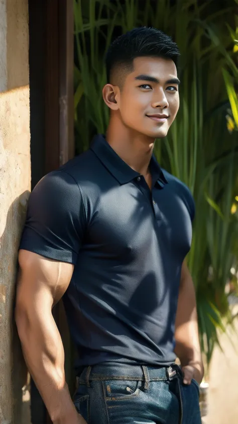 Natural light, realistic, Thai man, ทรงผมสั้น buzz cut, Handsome, muscular, big muscles, Broad shoulders, model,  Wear a tight p...