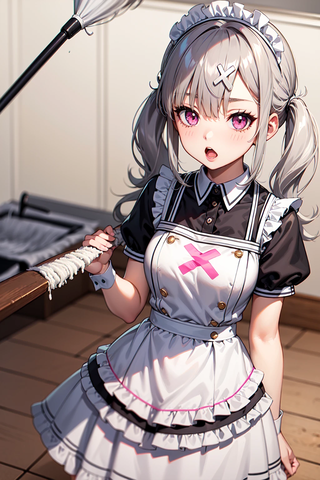 1girl ,anime style, masterpiece ,superfine resolution, intricate ,  straight-on , complex quality sukoya kana , gray hair, pink eyes, twintails,long hair, x hair ornament ,maid outfit , open mouth , :o , dizzy , tired, (holding mop:1.3),