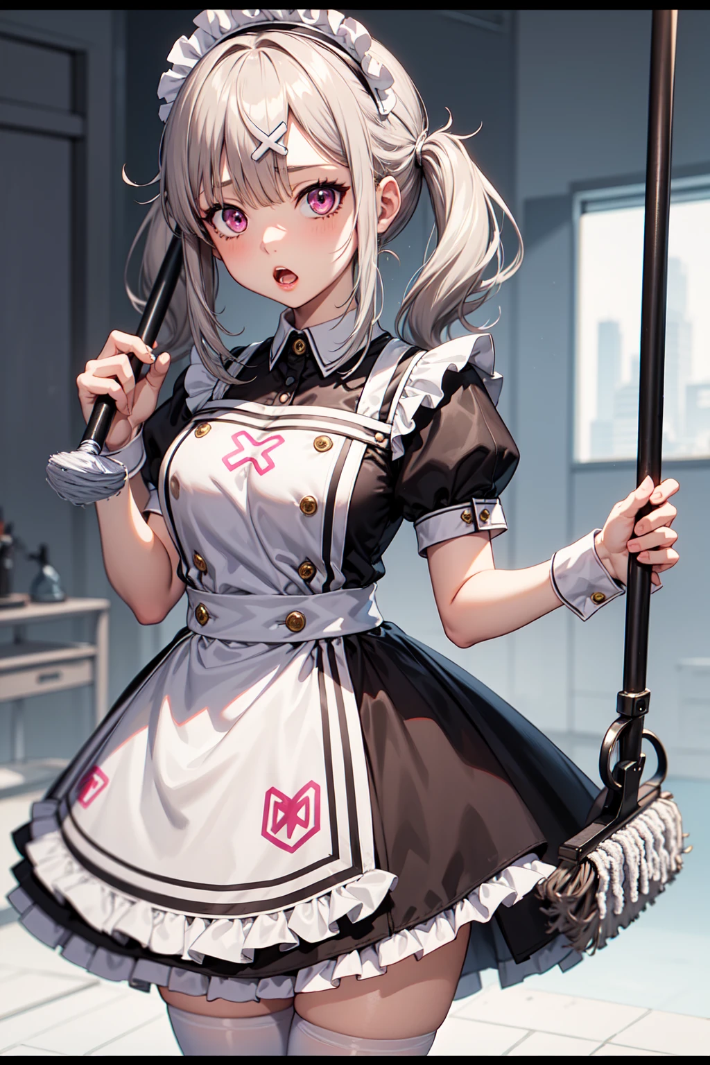 1girl ,anime style, masterpiece ,superfine resolution, intricate ,  straight-on , complex quality sukoya kana , gray hair, pink eyes, twintails,long hair, x hair ornament ,maid outfit , open mouth , :o , dizzy , tired, (holding mop:1.3),