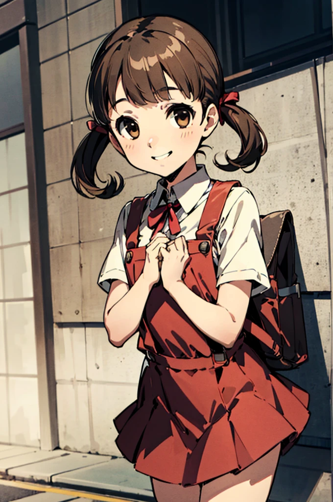 solo, smile, Nanako Doujima, short twintails, brown eyes, eva school unifrom, 1girl, solo, tokyo-3 middle ,  shirt, short sleeves, suspender skirt, neck ribbon,, ultra detailed, masterpiece, best quality,