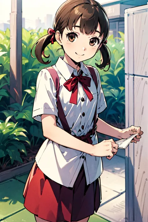 solo, smile, nanako doujima, short twintails, brown eyes, eva school unifrom, 1girl, solo, tokyo-3 middle ,  shirt, short sleeve...