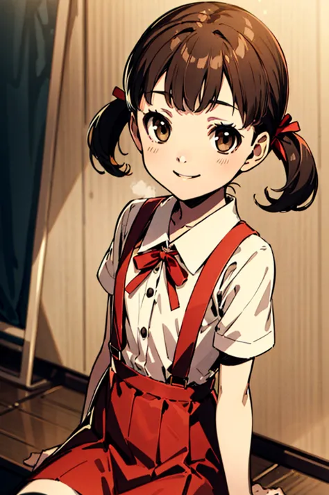 solo, smile, nanako doujima, short twintails, brown eyes, eva school unifrom, 1girl, solo, tokyo-3 middle ,  shirt, short sleeve...