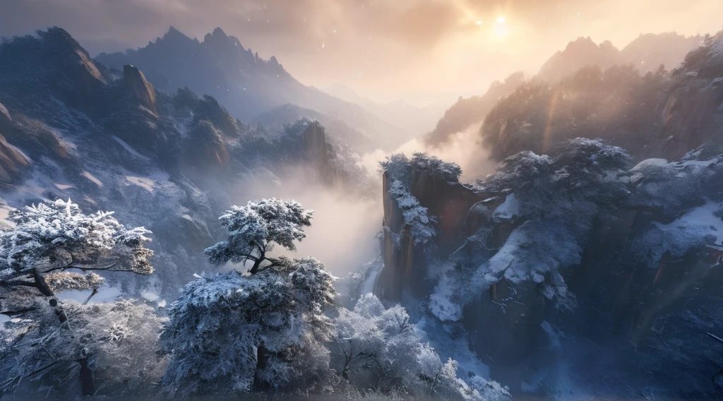 Mountain tops covered with snow and mist，snow，heavy snow，snowflake，正在snow，Wooded, 8k stunning artwork, Unreal Engine 4K Wallpaper, 4k highly detailed digital art, Movie. Leng Jun, Chinese scenery, ryan dyar, Mark Adams, Inspired by Sung Choi, Bastien Grieve, Unreal Engine fantasy art, 8K matte, 8K matte